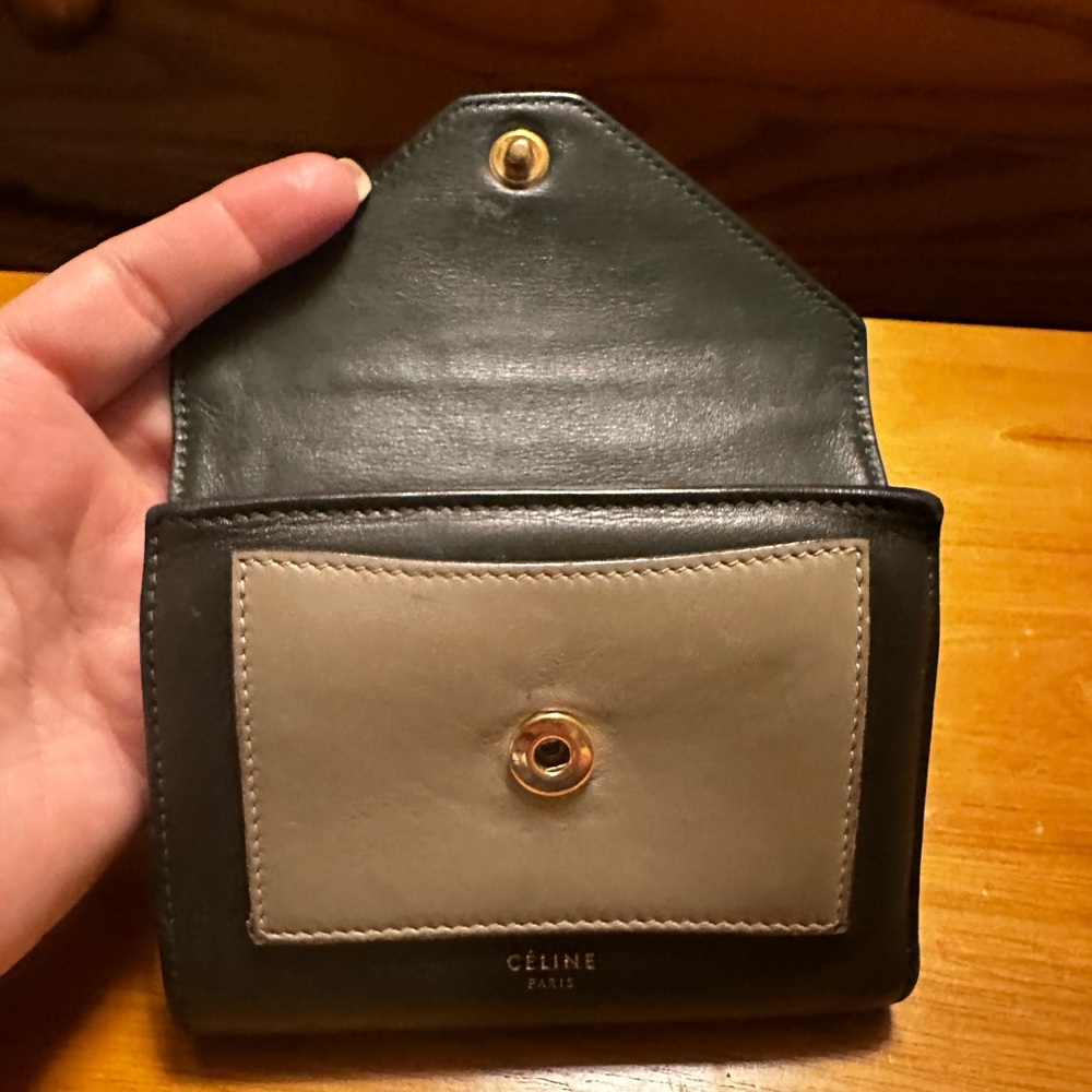 Celine Green & Gray Leather Colorblock Envelope Style Compact Wallet with Box - Picture 4 of 8